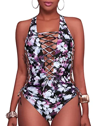 Sexy Strappy Cutout One Piece Swimsuits-Purple Floral V-Neck Swim Dress