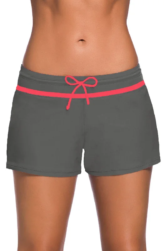 Red Trim Taupe Women Swim Boardshort Sexy Swimwear Set