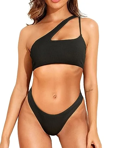 Two Piece One Shoulder Swimsuit Cutout Bikini Sets Tie-Back Swimwear