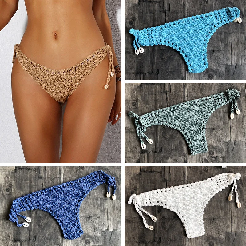 Women Sport Sexy Bikini Thong Handmade Crochet Swimwear Bikini Bottom Hollow-out Low Waist Bathing Suit Two-Piece Beachwear