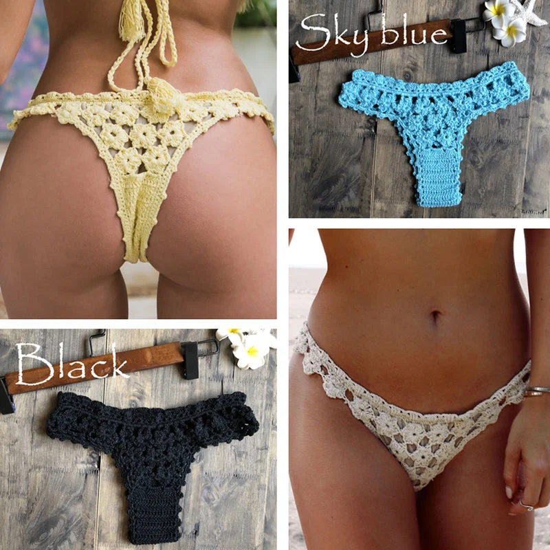 Women Unique Sexy Handmade Crochet Swimwear Bikini Bottom Hollow-out Low Waist Bathing Suit Triangle Briefs Swim knicker Comfortable Swim Shorts