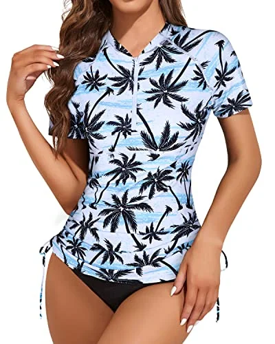 Women's Short Sleeve Swim Shirt With Built In Bra And Bottom-Black Palm Tree Adjustable Swim Top