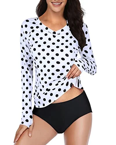 2 Piece Swimsuit With Built In Bra & Shorts For Women Rash Guard Long Sleeve-Black Dot Floral Swimwear Set