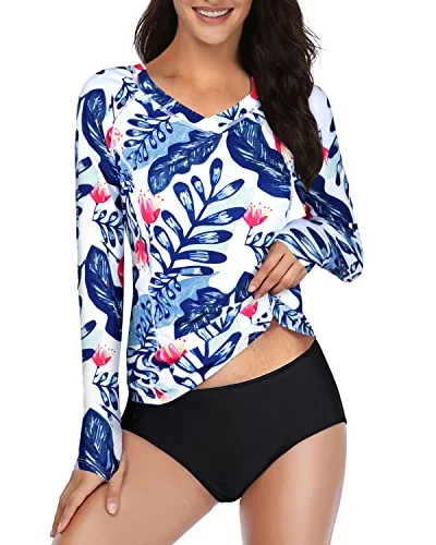 2 Piece Swim Shirt & Shorts For Women Rash Guard Long Sleeve-White And Blue Floral Sexy Swimwear Set