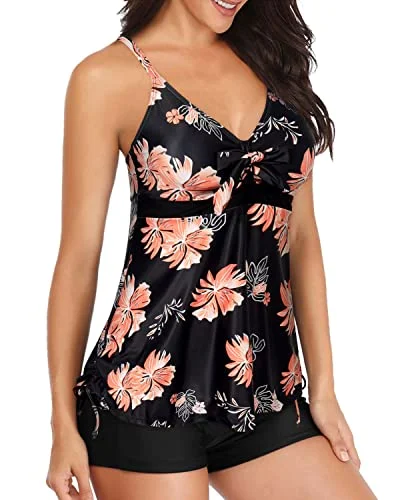 Two Piece Tankini Swimsuit With Shorts Tummy Control Bathing Suit For Women-Black Orange Floral Tropical Print Bikini