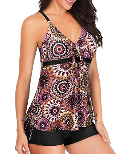 Flowy Tankini Top With Shorts Bathing Suit Tummy Control Swimwear For Women-Brown Print Fun Pattern Swimsuit