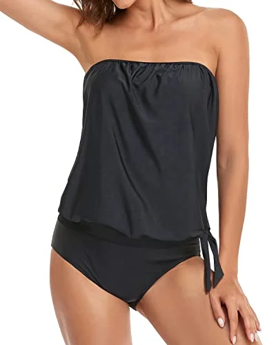 Women's Long Bandeau Tankini Bathing Suits-Black Button-Front Swimsuit