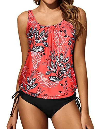 Women Tummy Control Two Piece Blouson Tankini Swimsuits-Red Floral Chic Bikini Set