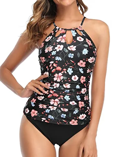 High Neck Ruched Two Piece Tankini Bathing Suit With Push Up Bra For Women-Black And Pink Floral Swim Dress with Belt