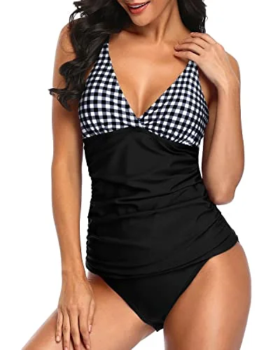 Ruched Panel V Neck Tankini Top Bathing Suits With Swim Bottom-Black Plaid Quick-Dry Tankini