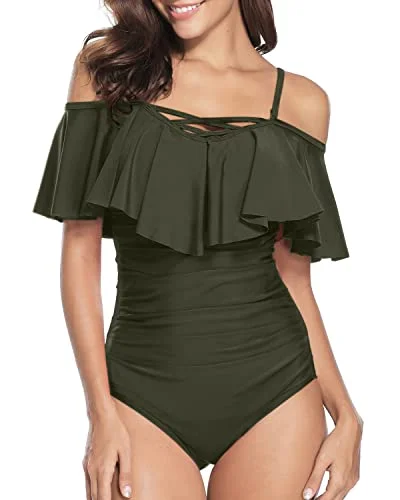 Adjustable Spaghetti Shoulder Strap One Piece Swimsuit Off Shoulder Swimsuit-Army Green Sporty Racerback Swimsuit