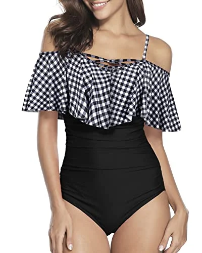 Removable Push-Up Padded Bra Swimsuits Criss-Cross Lace-Up For Women-Black And White Checkered Plunge Neckline Swimsuit