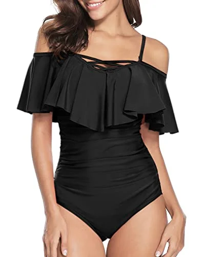 Slimming Full Coverage One Piece Swimsuit Ruffle Off Shoulder Swimsuit-Black Push-Up Bikini Bottoms