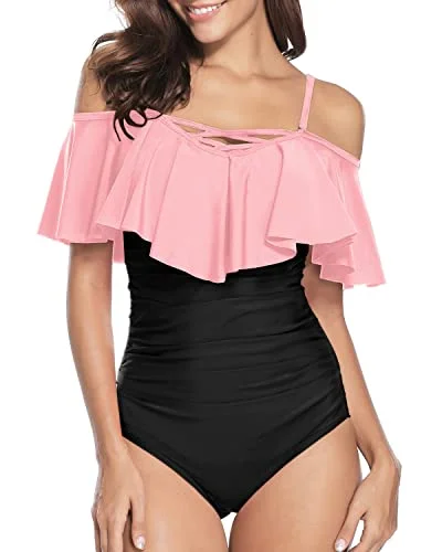 Lace Up Vintage Ruffle Swimwear For Women Off Shoulder One Piece Swimsuit-Pink And Black High-Waisted Swimwear