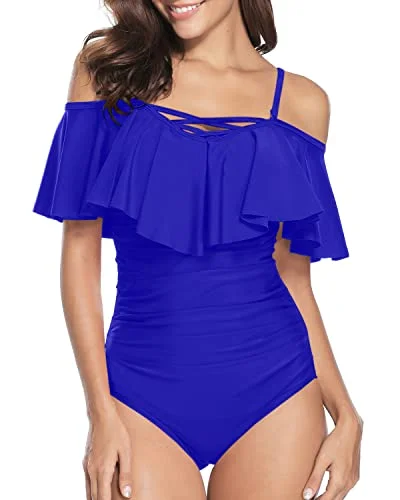 Vintage Ruffle One Piece Swimsuits For Women-Royal Blue Elegant Halter Bikini