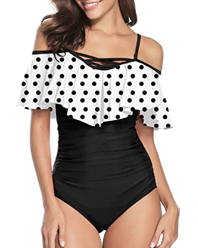 Lace Up Ruffle Swimsuits Best Bathing Suits For Curvy Women-White Black Polka Dots Vibrant Bikini Design