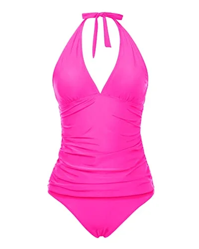 Two Piece Ruched Tankini Swimsuit For Tummy Control-Neon Pink Reversible Bikini Set