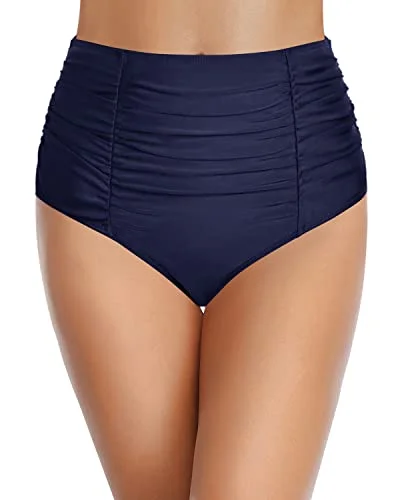 High Waisted Tummy Control Swim Bottom Vintage Ruched Bikini Bottom-Navy Blue Solid Color Swimsuit