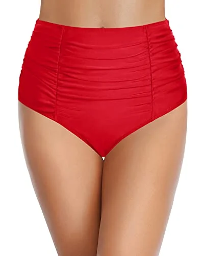 High Waisted Vintage Ruched Swim Bottom Tummy Control For Women-Red Mesh Panel Swimwear