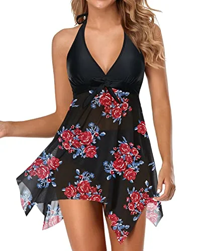 Mesh Halter Bathing Suit Dress Tankini Top With Tummy Control Shorts For Women-Blue Floral Sexy Swimwear Set