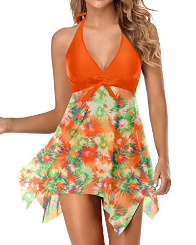 Backless Mesh Swim Dress With Tummy Control Shorts-Orange Quick-Dry Swimsuit