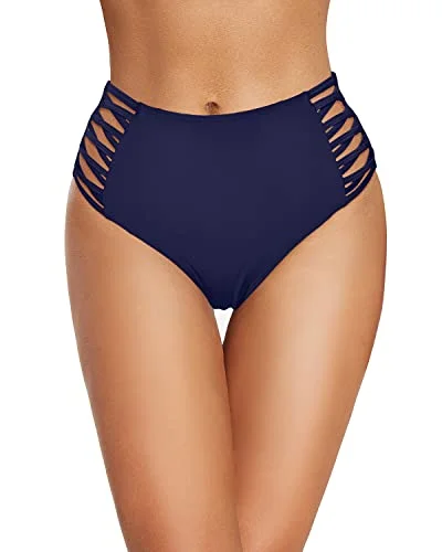 Retro High Waisted Bikini Bottom Full Coverage Strappy Swim Bottom-Navy Blue Quick-Dry Tankini