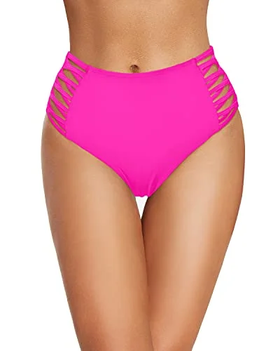 Retro High Rise Swim Bottom Full Coverage Bikini Bottoms-Neon Pink Solid Color Swimsuit