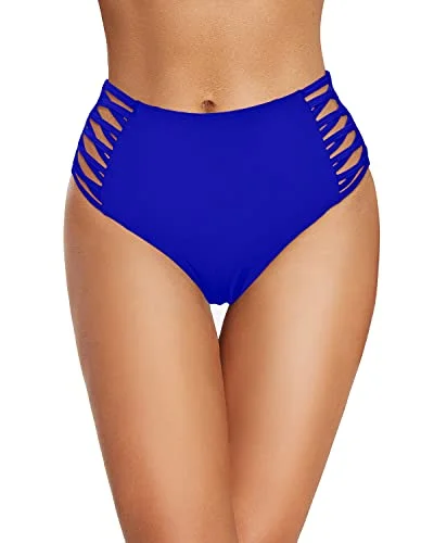 Retro High Waisted Bikini Bottom Strappy Side Full Coverage Swimsuit Bottom-Royal Blue Fun Pattern Swimsuit