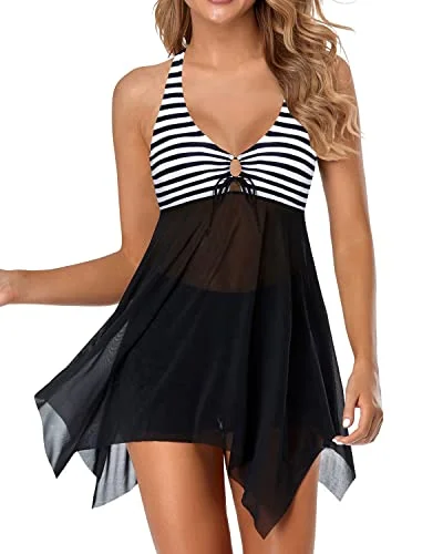 Ladies Mesh Tummy Control 2 Piece Swim Dress With Boyshorts-Black And White Stripe Classic Two-Piece Bikini