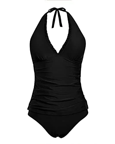 Halter Tankini Swimsuits Tummy Control Two Piece Ruffle V Neck Bathing Suits-Black Plus-Size Bikini Set