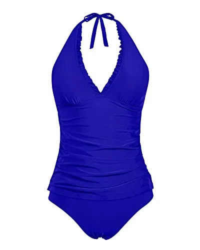 Ruffle V Neck Tankini Top With Bikini Bottoms Tankini Swimsuits-Royal Blue Push-Up Bikini Bottoms