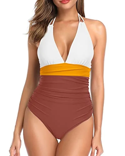 Women Sexy Plunge V Neck One Piece Swimsuit Tummy Control Bathing Suit-Whtie Yellow Brown Two-Piece Beachwear