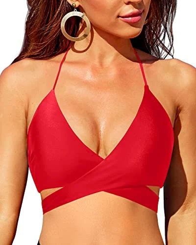 Halter Women Sexy Bandage Swimsuit Wrap Push Up Bathing Suit Top Only-Red Halter Top Bikini