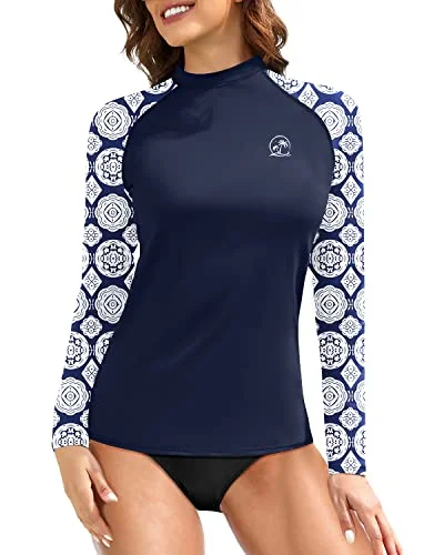 Women's Upf 50+ Sun Protection Long Sleeve Swim Shirts-Blue And White Snake Print Luxury Swimsuit Style