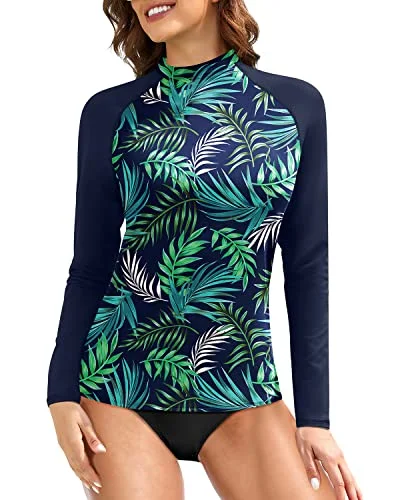 Women's Long Sleeve Rash Guard Swim Top Uv Upf 50+ Sun Protection-Blue Leaf Sexy Cutout Swimsuit