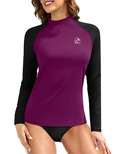 Raglan Sleeve And Crew Neck Long Sleeve Swim Shirts For Women-Maroon Retro-Inspired Bikini Set