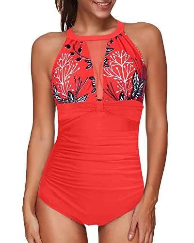 Women's Mesh High Neck One Piece Swimsuit With Tummy Control Swimwear-Red Floral V-Neck Swim Dress