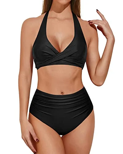 Vintage Halter Neck Swimsuit With High Rise Bottom For Curvy Ladies-Black Shiny One-Piece Swimsuit