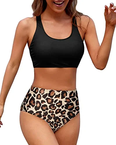 Sporty Women High Waisted Two Piece Bikini Sports Crop Top Swimsuit-Black And Leopard Timeless Black Bikini