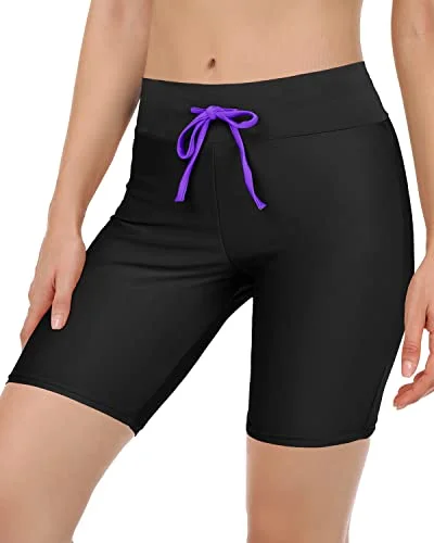 Women's Swim Shorts With Tummy Control Long Board Shorts-Black Purple Sporty Swimwear Bottoms