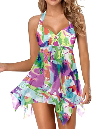 Push Up Underwire Swimsuits For Women Two Piece Swimdress-Color Tie Dye Swim Skirt Set