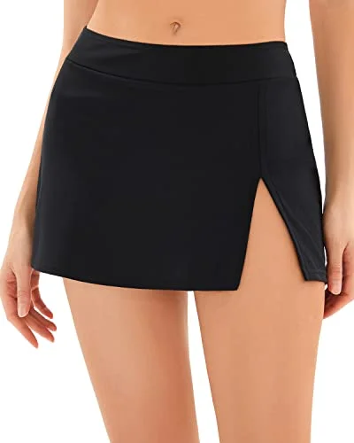 Versatile Swim Skorts With Tummy Control For Women-Black Elegant Ruffle Swimsuit