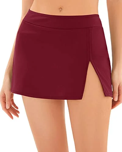 Waistband Skirted Swimsuit Bottoms For Women's Swim Skirt-Maroon Cross-Back Bikini