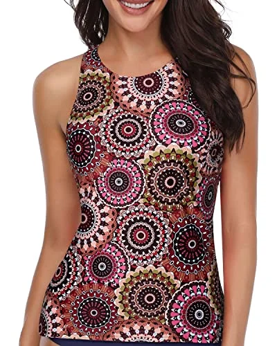 Push Up Bra High Neck Tankini Top For Women-Mandala Cross-Back Bikini