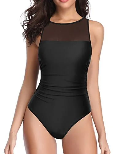 Women High Neck One Piece Swimsuits For Women Mesh Bathing Suits-Black Sporty Racerback Swimsuit