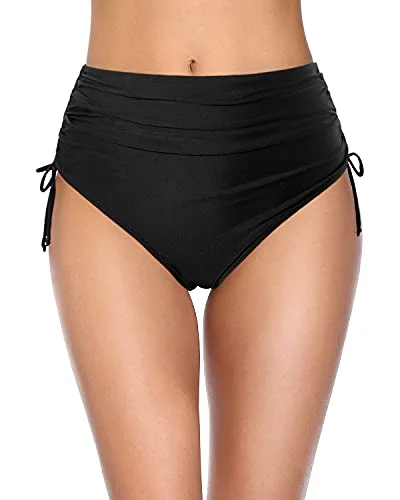 Ladies Full Coverage High Waisted Swimsuit Bikini Bottoms-Black Shiny One-Piece Swimsuit