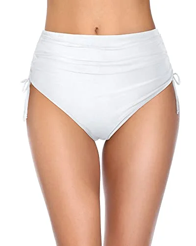 Ladies Full Coverage High Waisted Bikini Bottom Swimwear-White Bold Color Swimsuit