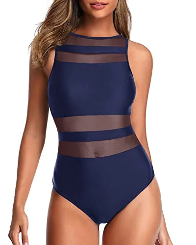 Women's Unique And Charming Mesh Patchwork One Piece Swimsuits-Navy Blue Sporty Racerback Swimsuit