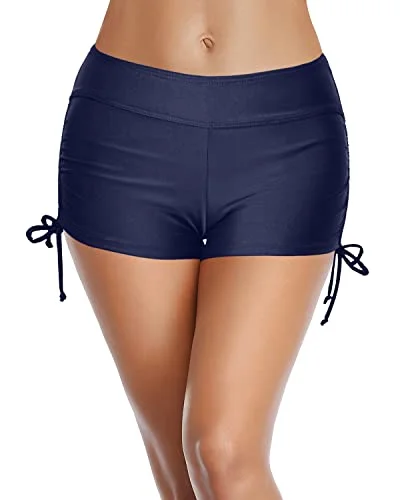 Mid Waisted Board Shorts Boyshort Swimsuits For Women-Navy Blue Soft Beachwear Set