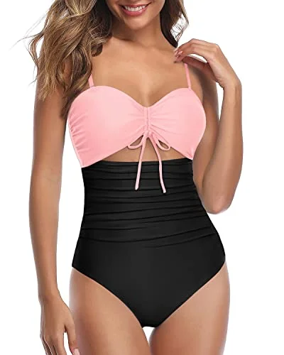 Criss Cross/Vertical Shoulder Straps Swimsuits For Curvy Womens-Pink And Black Strappy Back Bikini